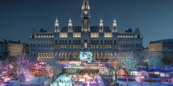 Bild des Eistraums mit Blick auf das Rathaus Wien. 