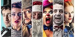 Menschen in verschiedenen Kostümen: Zylinder und Frack, Detektiv, Weihnachtsmann, Clown, Vampir