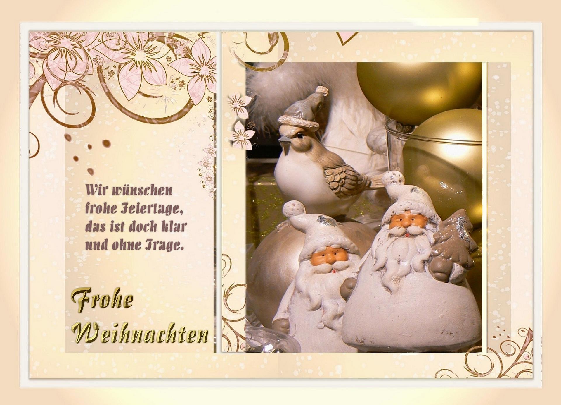 Eine hell gestaltete Weihnachtskarte mit weihnachtlichen Dekomotiven und einem Weihnachtsgruß