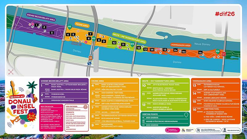 Grafischer Plan mit Bühnen u. Infrastruktur, Donauinselfest 2026 in wien