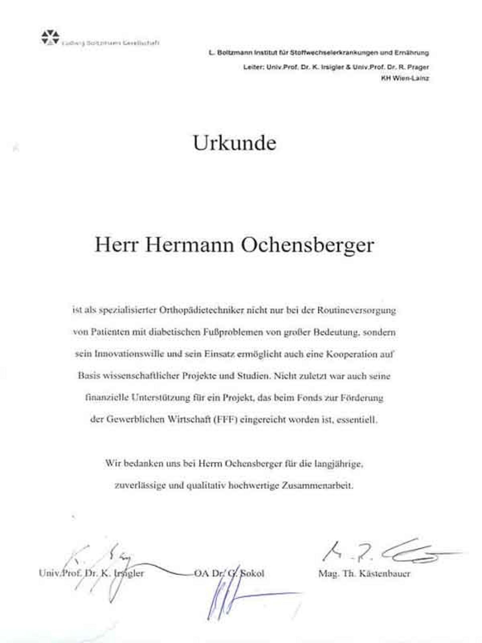 Urkunde an Hr. Hermann Ochensberger von TU Wien