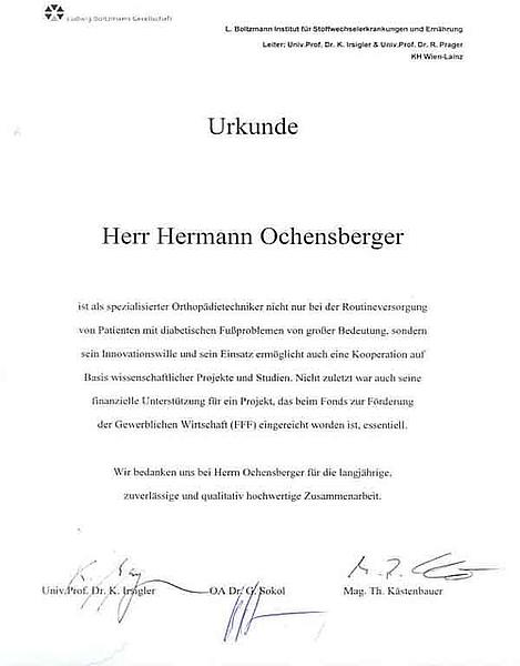 Urkunde an Hr. Hermann Ochensberger von TU Wien