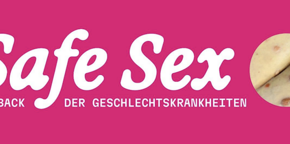 Logo der Ausstellung "Safe Sex: Comeback der Geschlechtskrankheiten" mit pinkem Design und Darstellung 