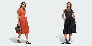 adidas dirndl getragen von einer farbigen Frau einmal in rot und schwarz