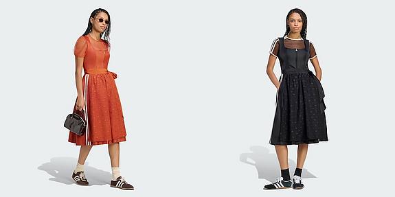 adidas dirndl getragen von einer farbigen Frau einmal in rot und schwarz