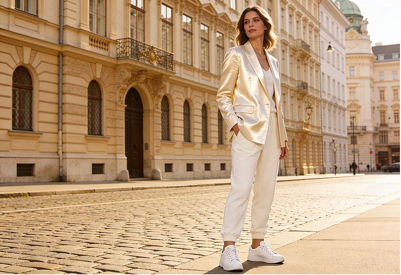 Frau auf Straße mit weißem Athleisure Outfit, glänzender Blazer und Jogginghose