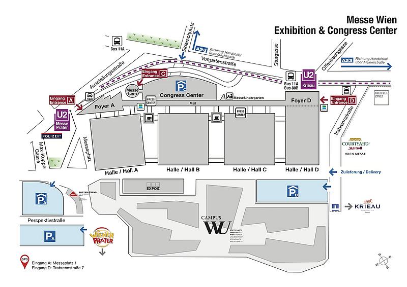 Auf dem Bild sehen Sie einen Hallenplan der Messe Wien. Neben den Ausstellungsräumlichkeiten sind auch noch Straßen, Parkhäuser und Parkplätze in der Nähe der Messe Wien verzeichnet. 