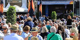 Festbänke und Schirme, viele Menschen, eine Bühne Am Hof in Wien