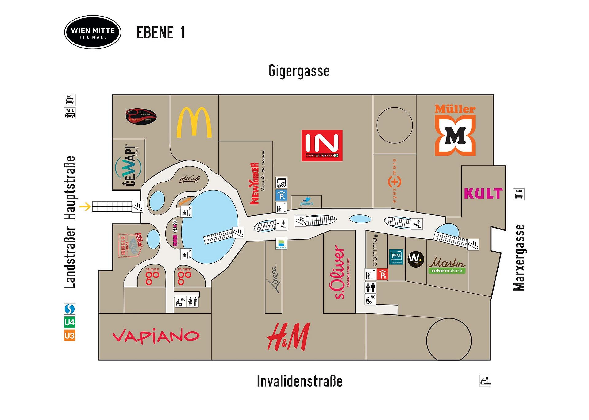 Lageplan der Shops Wien Mitte The Mall Ebene 1