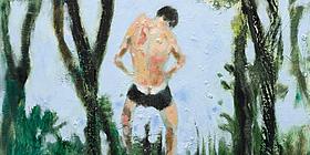 Das Bild zeigt einen Mann mit heruntergerutschter Badehose, der in einen See onaniert.