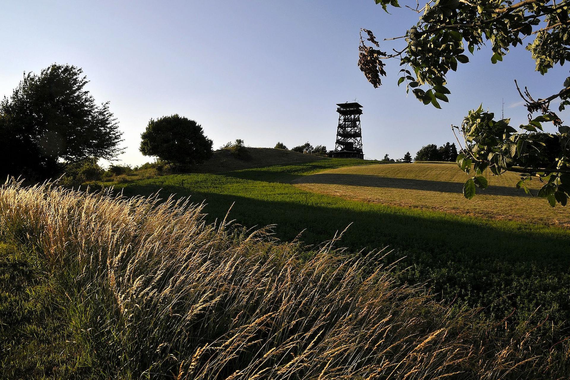Landschaft mit Aussichtsturm im Hintergrund