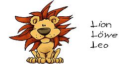 Löwe Comic mit Schriftzug Lion, Löwe, Leo