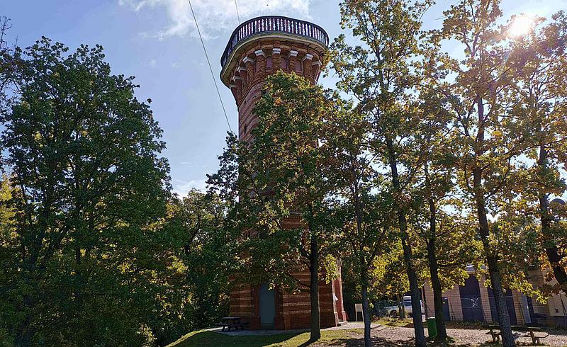 Ein bronzefarbener Turm mit einer Aussichtsplattform ragt über ein paar Bäumen der Sonne entgegen