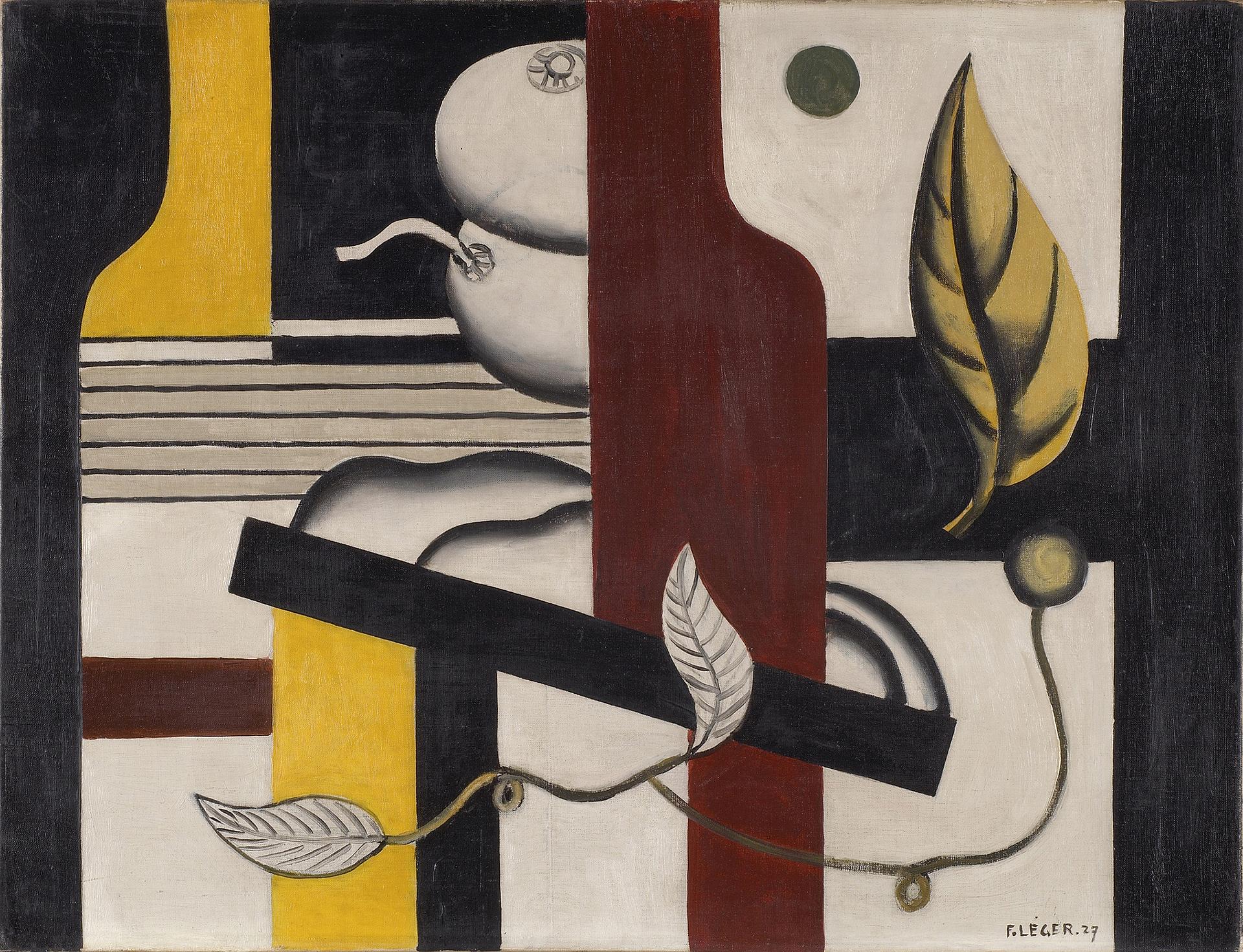 Bild von Leger in den Farben gelb, schwarz und weinrot. Das Kunstwerk zeigt Früchte. 