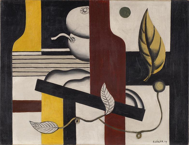 Bild von Leger in den Farben gelb, schwarz und weinrot. Das Kunstwerk zeigt Früchte. 