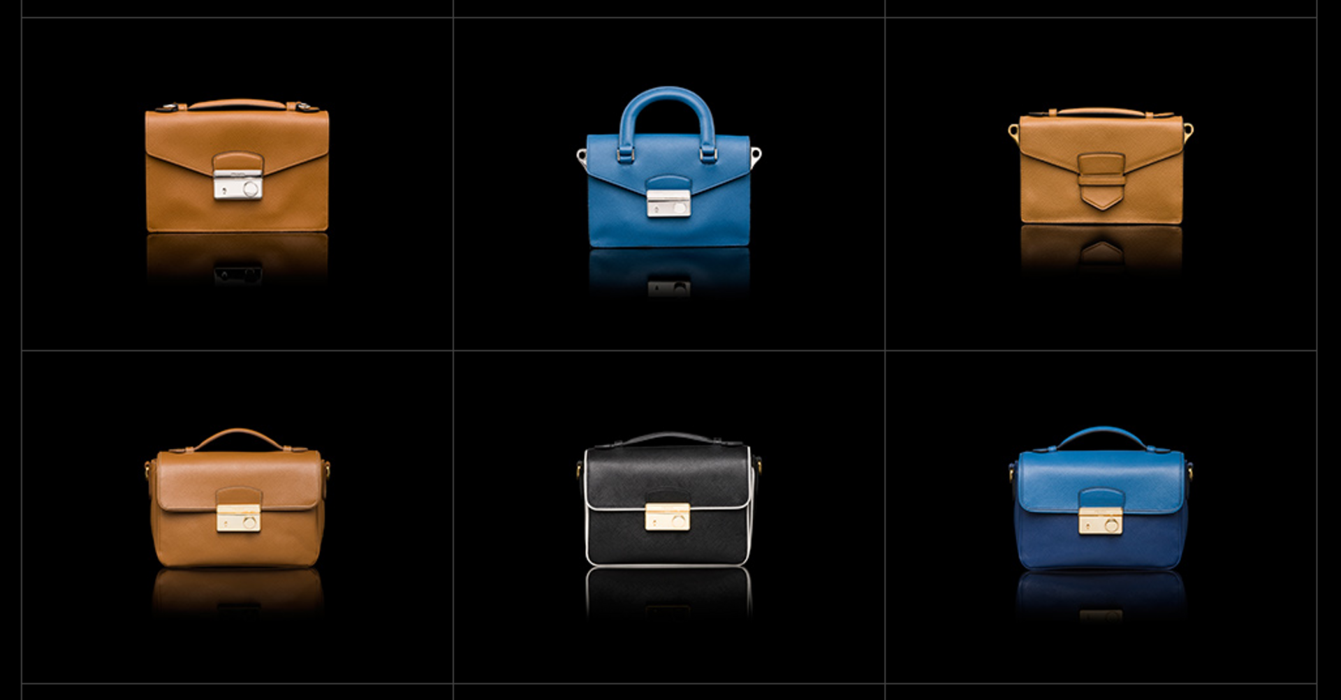 Sechs kleine Prada Taschen in unterschiedlichen Farbtönen