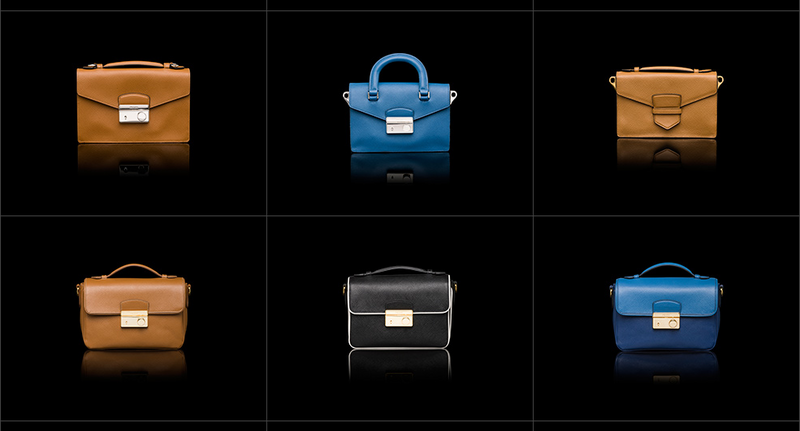 Sechs kleine Prada Taschen in unterschiedlichen Farbtönen