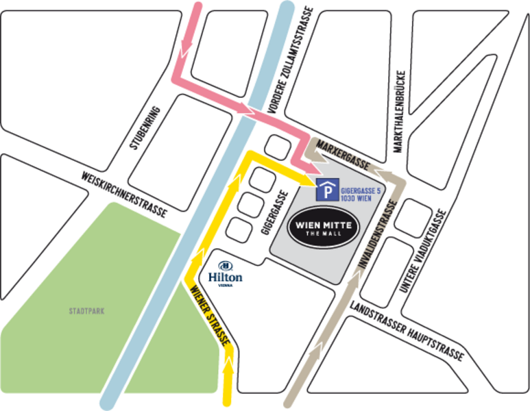 Anfahrtsplan zur Parkgarage von Wien Mitte The Mall