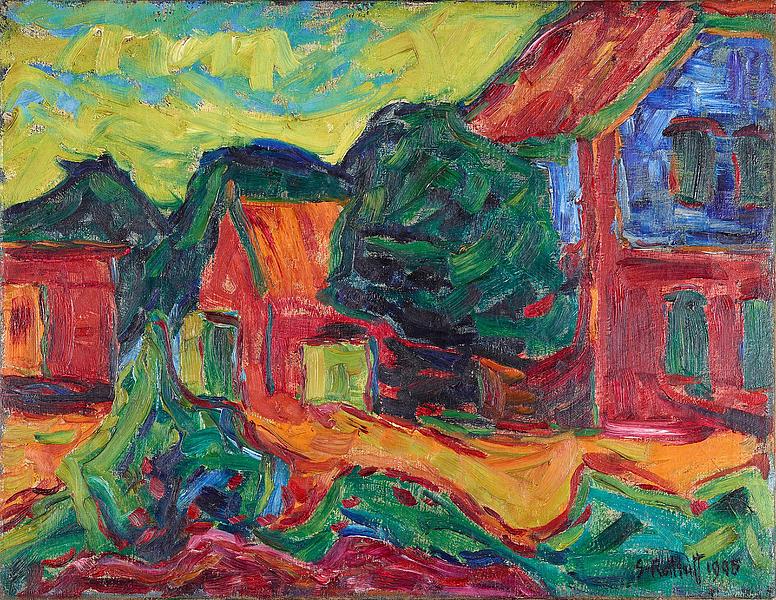 Gemälde des Künstlers Schmidt Rottluff, das ein Haus zeigt in einem Farbenspiel aus Rot, Orange, Grün und Blau.