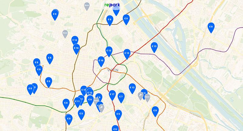 Repark Web-App Startseite mit Wienkarte und Pins