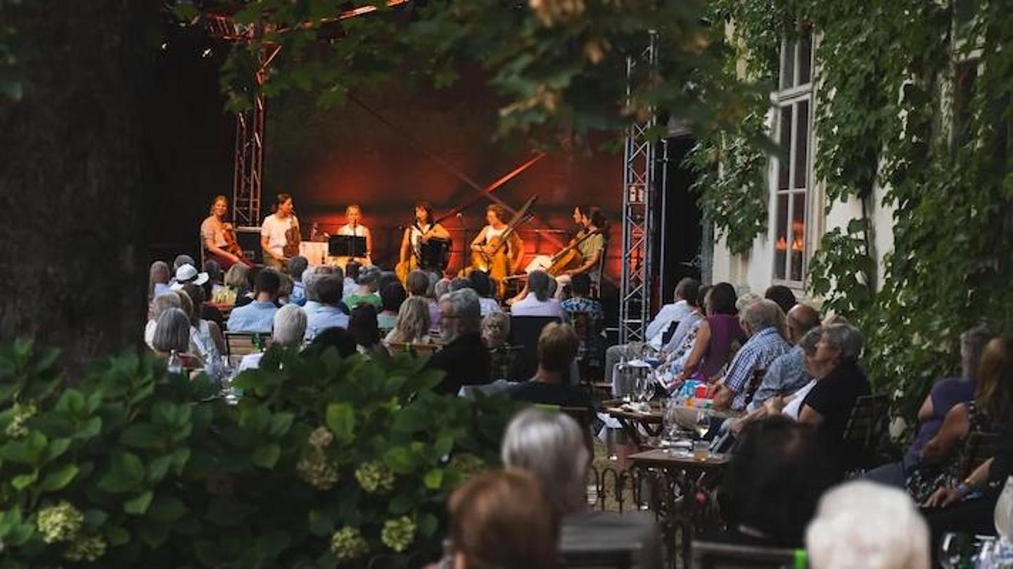 Sommer Rhapsodie sieben MusikerInnen auf der Bühne mit Streichinstrumenten