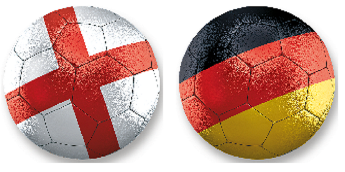 England gegen Deutschland Zwei Fußbälle in den Nationalfarben von England und Deutschland