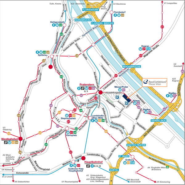 Das Bild zeigt eine Anfahrtsskizze zur Messe Wien. Neben Straßen und Autobahnen, die zur Messe Wien führen, sind auch U-Bahn-Stationen und Bushaltestellen in der Nähe der Messe Wien verzeichnet. 