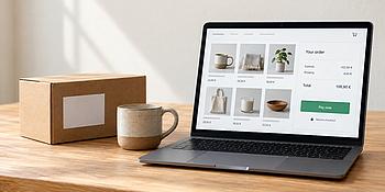 Laptop mit Online-Shop-Ansicht, links davon: Kaffeetasse und Schachtel 