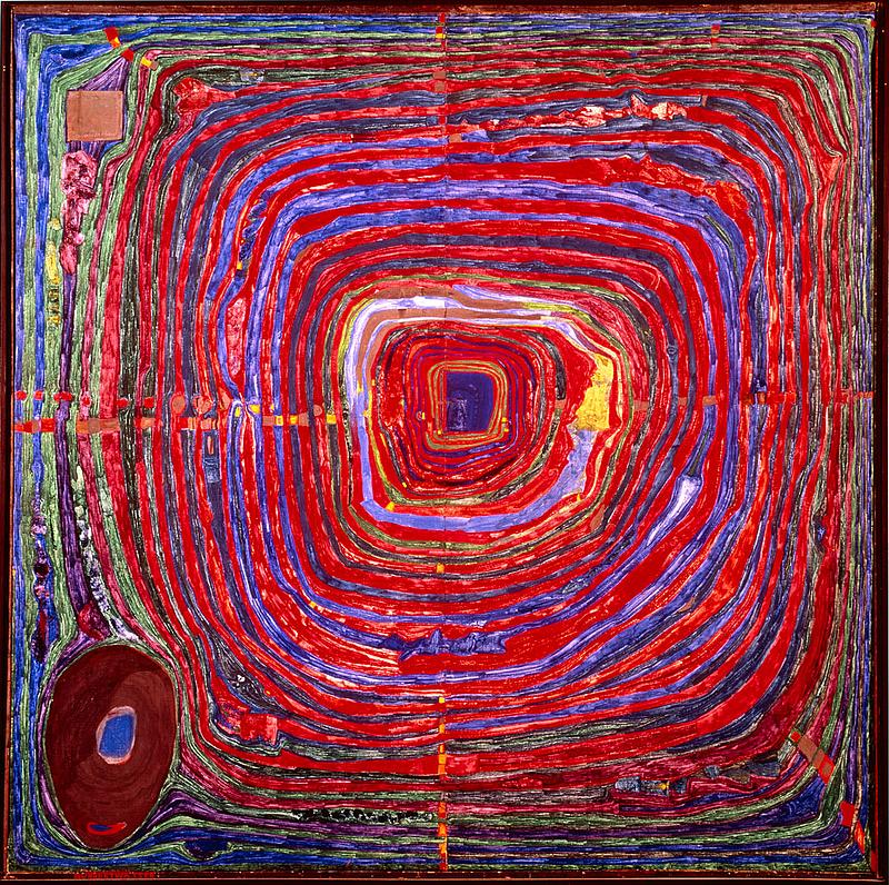 Labyrinth aus kreisförmigen Wegen in den Farben Rot, Pink und Violet von Hundertwasser