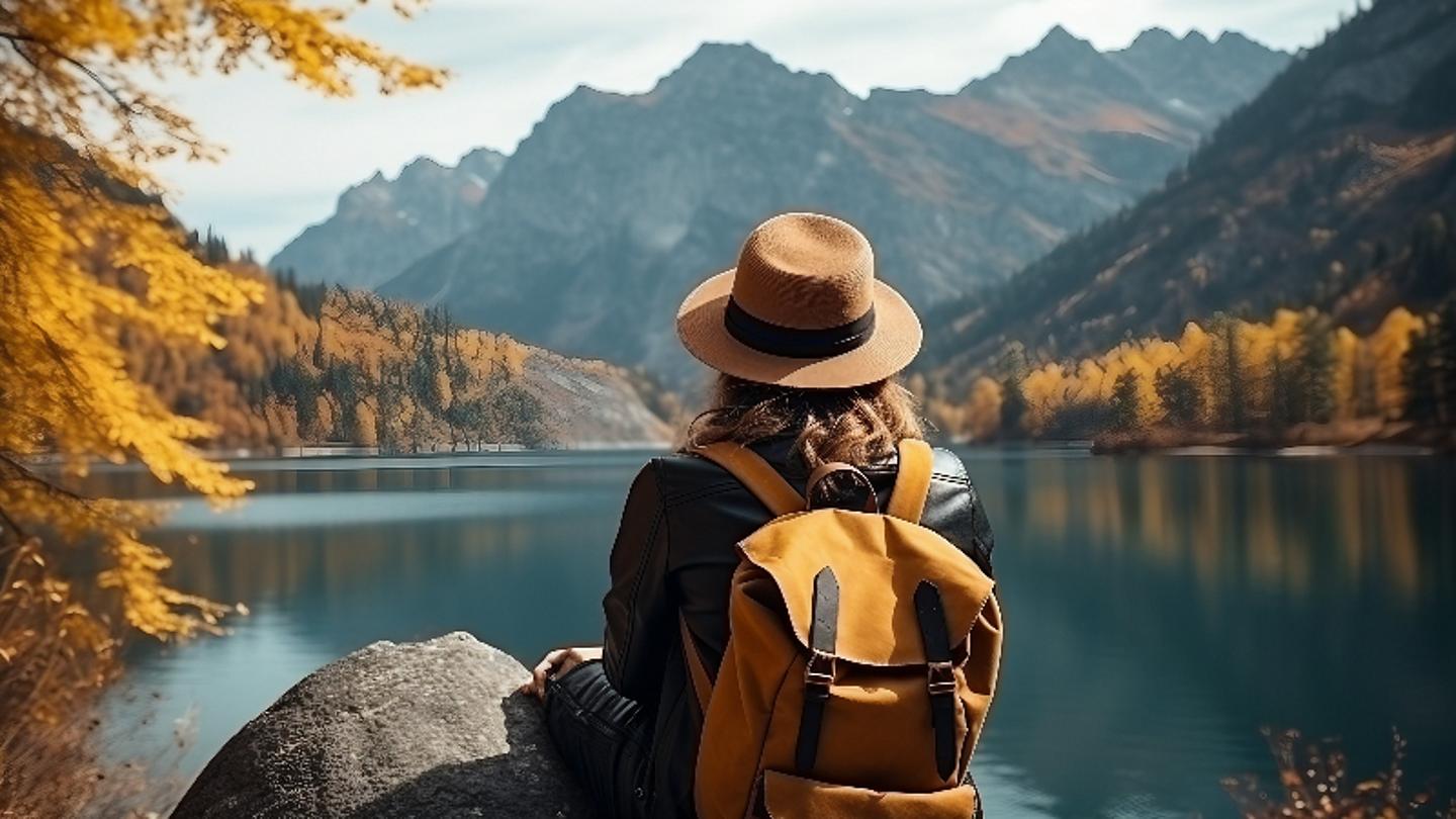 Frau sitzt in Herbstkulisse und genießt ihren Urlaub