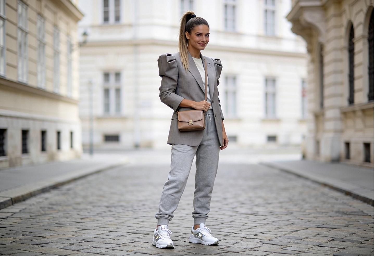Junge Frau auf Straße in grauem Athleisure Style