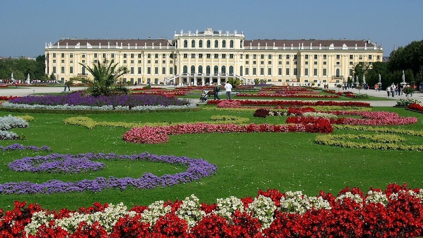 Bild von Schloss Schönbrunn - im Vordergrund der Garten mit roten, weißen, violetten, gelben und pinken Blumen.