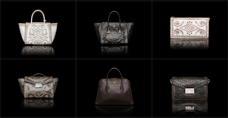 Sechs gemusterte Prada Taschen in Schwarz und Grau 