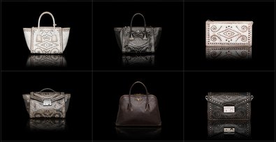Sechs gemusterte Prada Taschen in Schwarz und Grau 