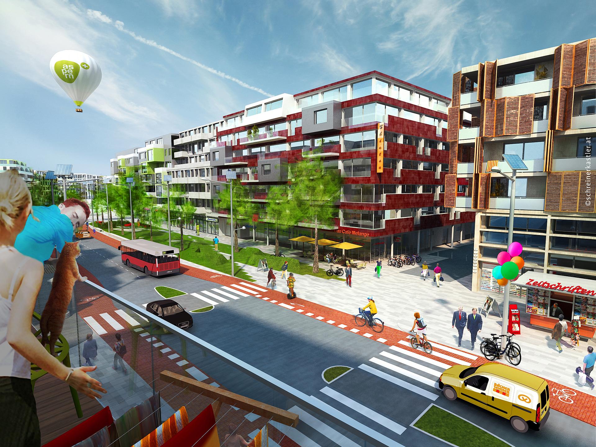 Animation des Boulevard Seestadt Aspern mit Menschen und Straße