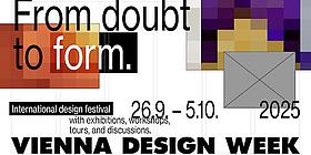 Grafisches Festivalposter der VIENNA DESIGN WEEK 2025 mit Veranstaltungsdatum, Logo und buntem Designmotiv.