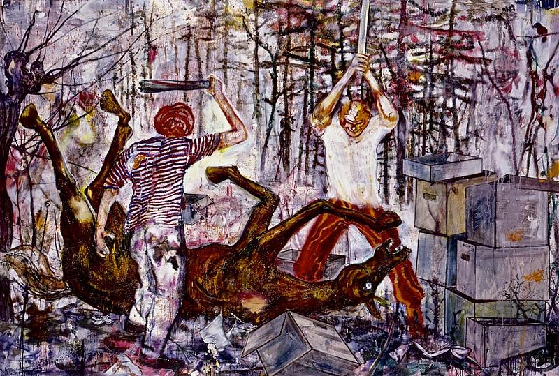 Das Bild zeigt zwei Männer, die auf ein Pferd eindreschen