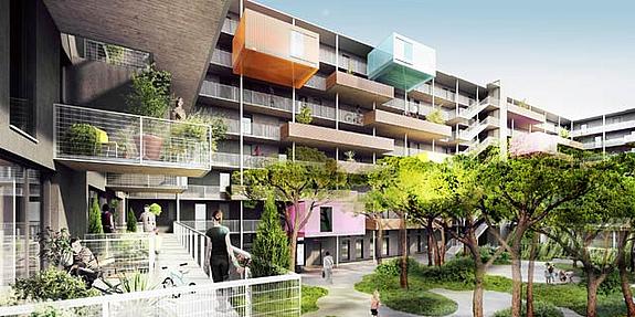 Smart-Wohnungen: Architekturbüro Geiswinkler & Geiswinkler Häuserfassade Smart-Wohnungen, moderner Wohnkomplex von außen, Fassade mit Balkonen, begrünter Innenbereich mit Bäumen