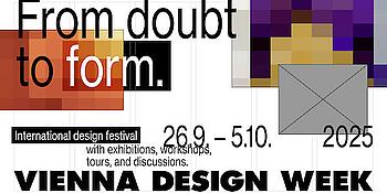 Grafisches Festivalposter der VIENNA DESIGN WEEK 2025 mit Veranstaltungsdatum, Logo und buntem Designmotiv.