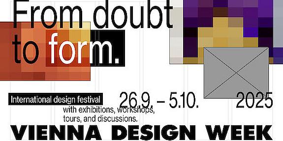 Grafisches Festivalposter der VIENNA DESIGN WEEK 2025 mit Veranstaltungsdatum, Logo und buntem Designmotiv.