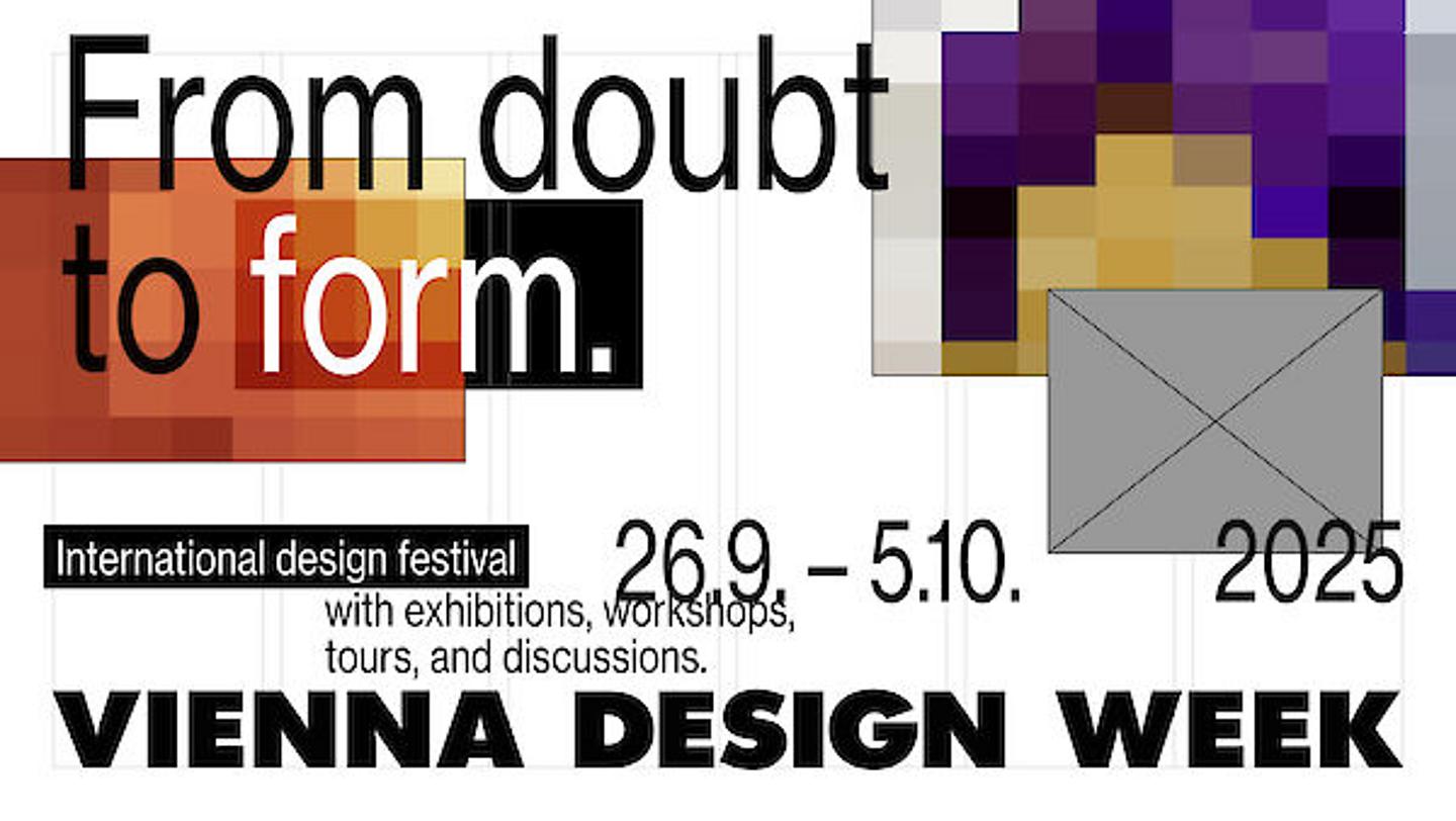 Grafisches Festivalposter der VIENNA DESIGN WEEK 2025 mit Veranstaltungsdatum, Logo und buntem Designmotiv.