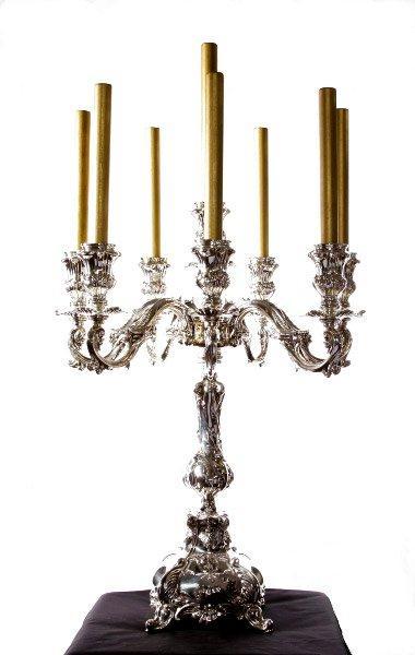Silberleuchter, Barockleuchter mit 8 Armen und goldenen Kerzen
