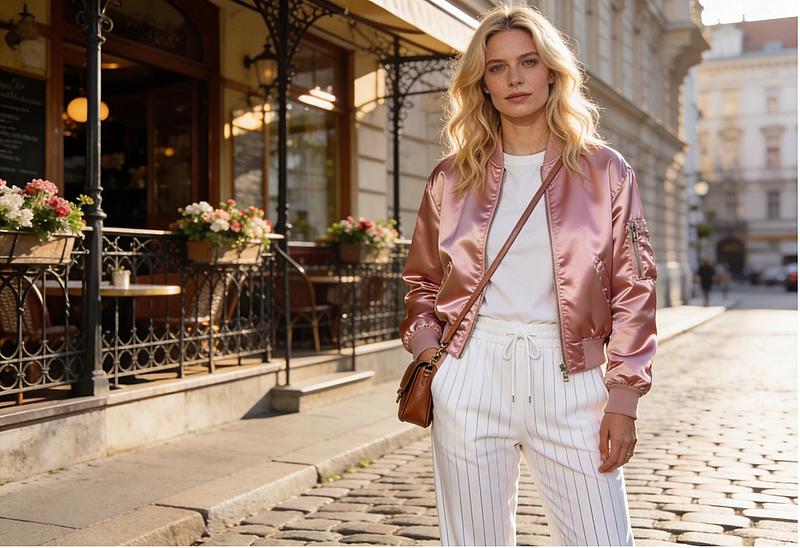 Junge Frau mit glänzender rosa Bomberjacke und weißer Sporthose auf der Straße