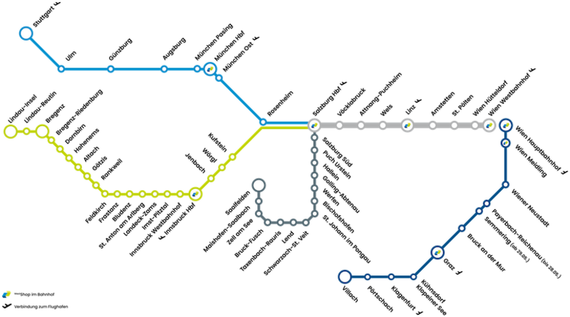  Streckennetz der Westbahn mit ihren einzelnen Stationen. 