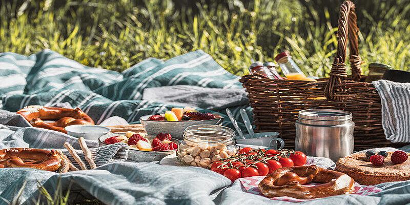 Kleine Speisen und Picknickkorb auf einer Decke im Park.
