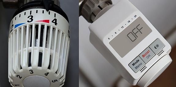 Eine Montage zweier Bilder zeigt links einen digitalen und rechts einen analogen Regler eines Heizungsthermostats.