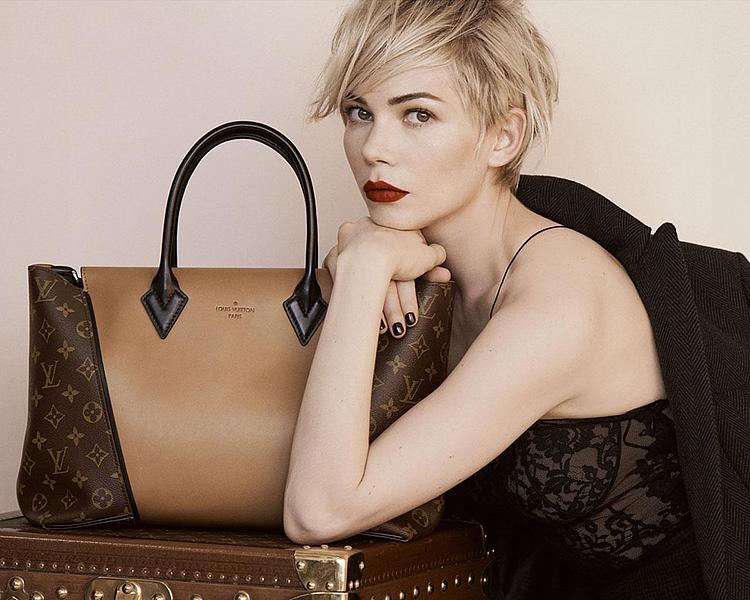 Werbekampagne für Louis Vuitton mit Michelle Williams und einer karamellfarbenen Louis Vuitton Tasche