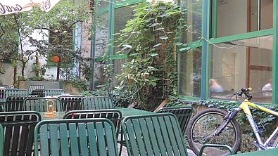 Tische, Sessel und Pflanzen im Gastgarten der Mensa des afro-asiatischen Instituts