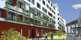Grafik eines Gebäudes mit weißen Wänden und Gartenflächen vor dem Haus