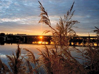 Die untegehende Sonne scheint auf das Wasser 